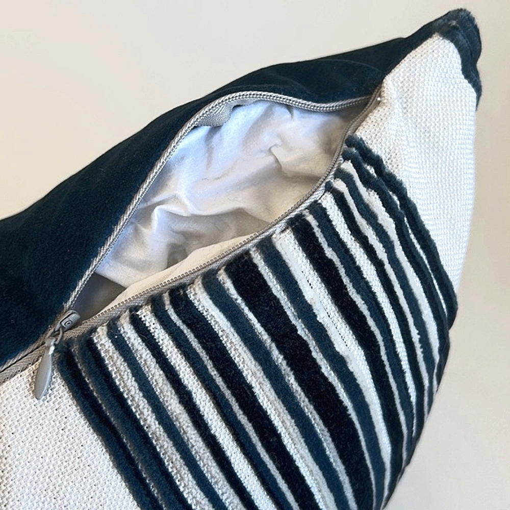 Caldeira Navy Blue White Velvet Striped Feathered Lumbar Home Decorative Pillow - Picture 4 of 10